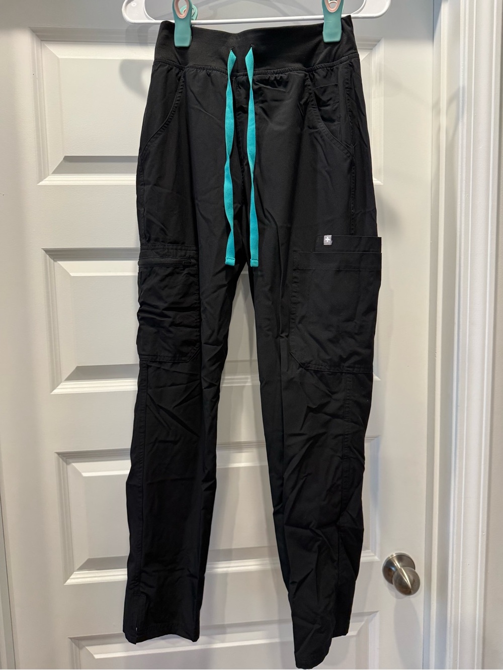 FIGS Black Cargo Scrub Pants with Teal Drawstring